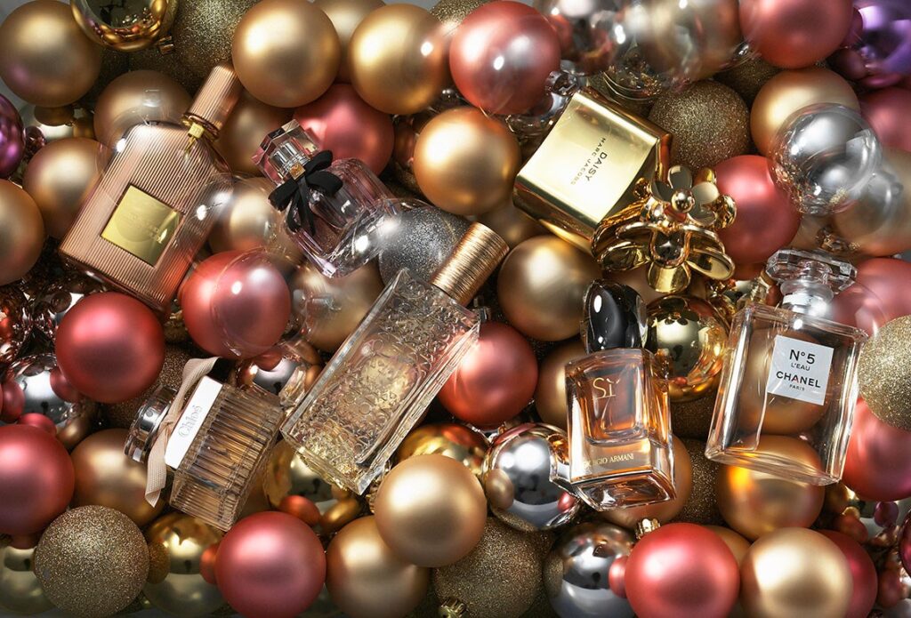 several perfume bottles setted on the ornament